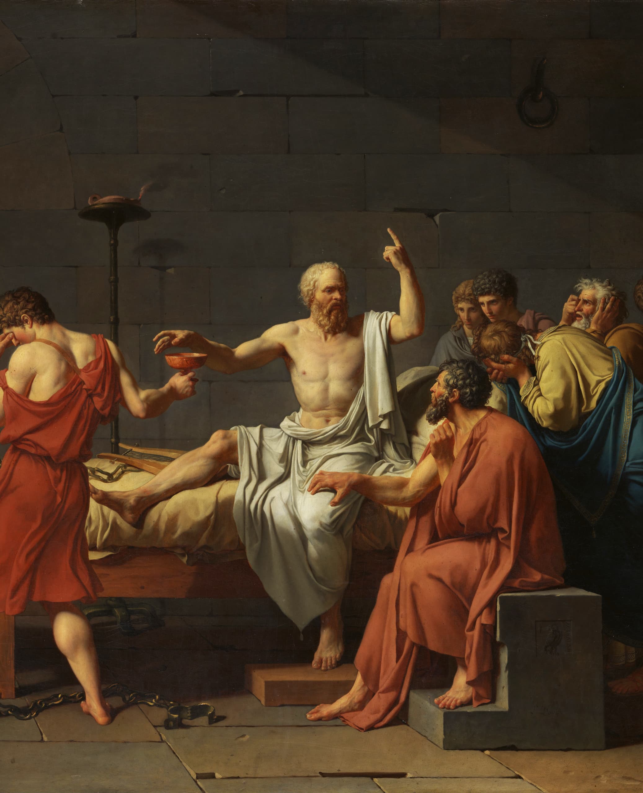 Painting of Socrates reaching for the cup of hemlock, surrounded by his followers