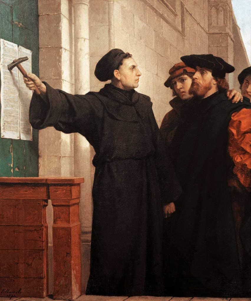 Painting of Martin Luther nailing his 95 theses to the church door